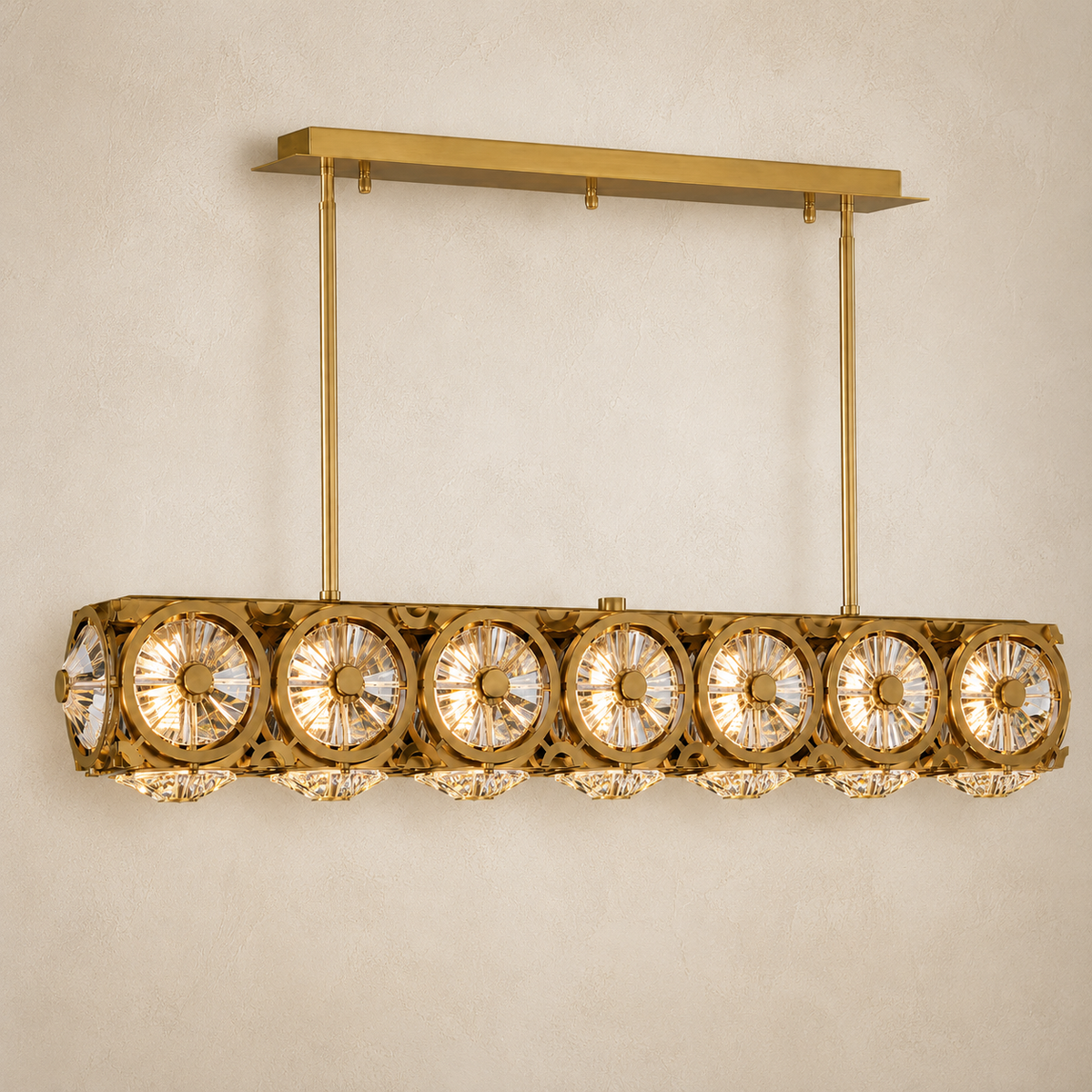 Lokomotive Asfour Crystal Linear Chandelier – 7-Light Warm Brass Kitchen Island & Dining Room Light