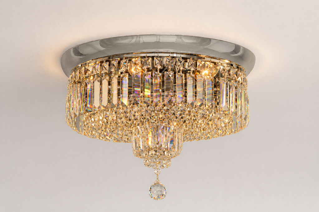 Round Shower 6-Light Asfour Crystal Flush Chandelier for Bedroom