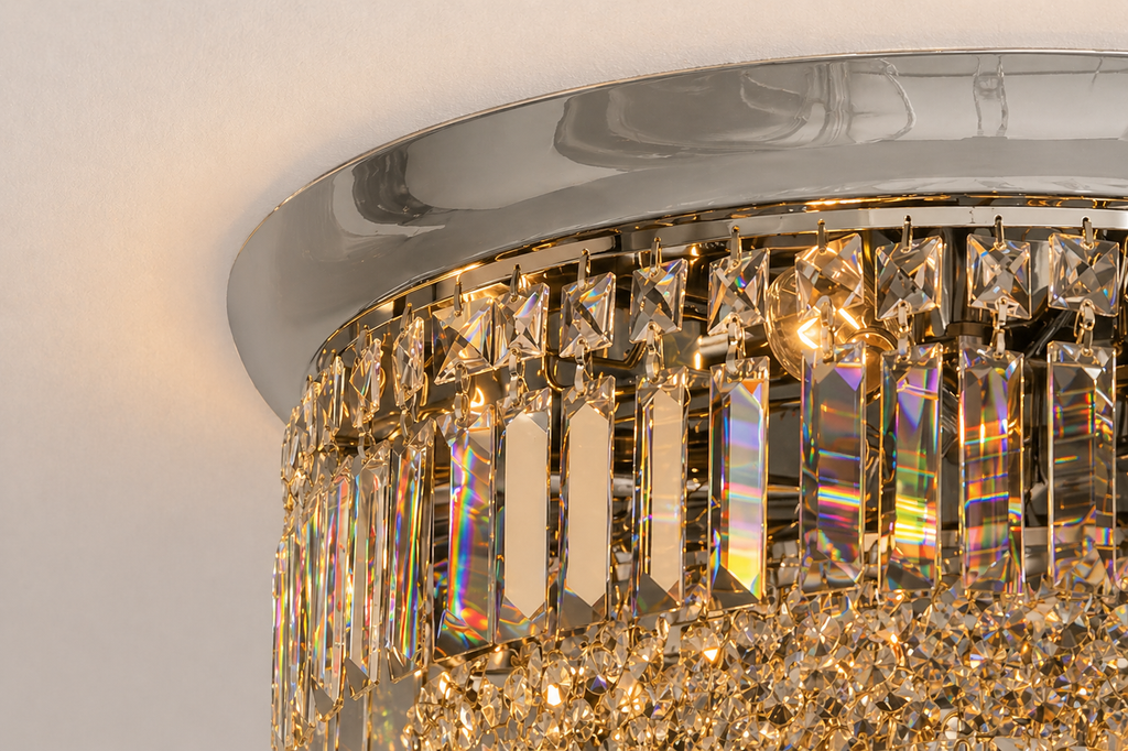 Round Shower 6-Light Asfour Crystal Flush Chandelier for Bedroom