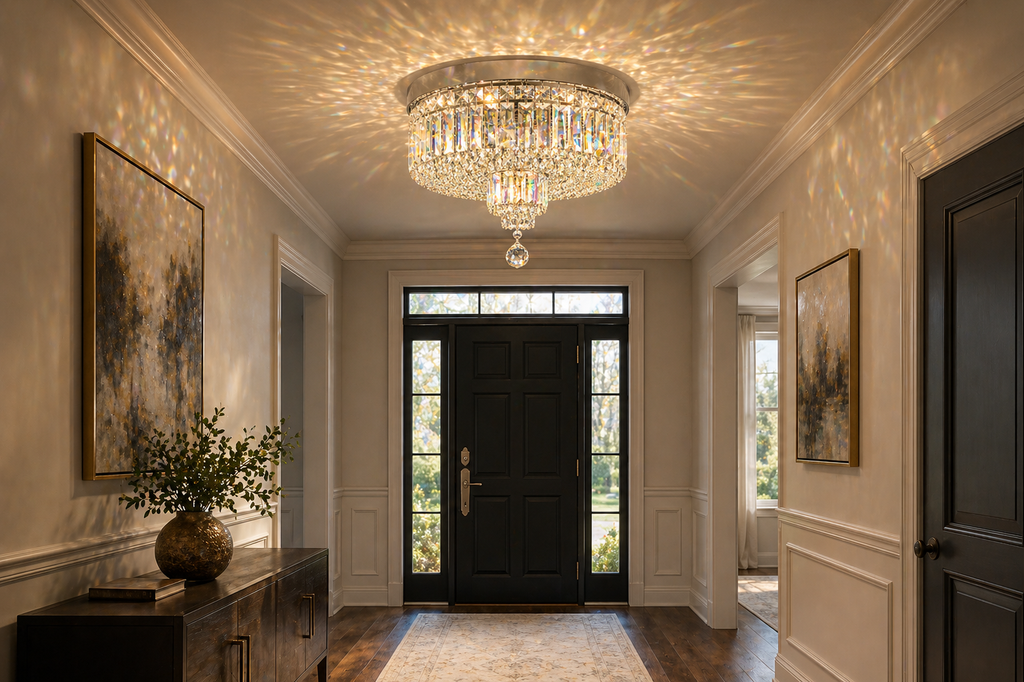 Round Shower 6-Light Asfour Crystal Flush Chandelier for Bedroom