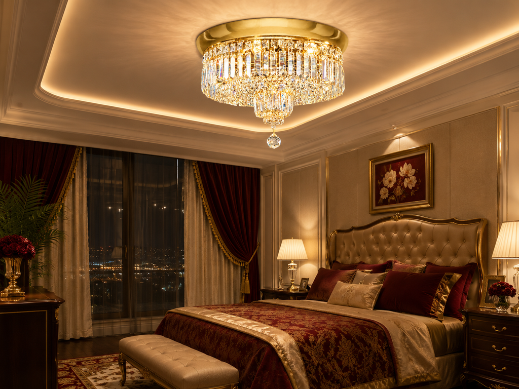 Round Shower 6-Light Asfour Crystal Flush Chandelier for Bedroom