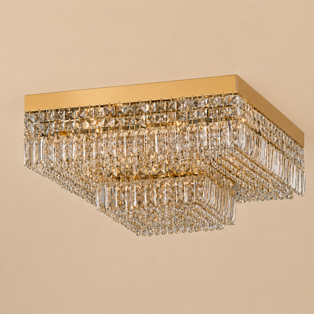 Square Shower 9-Light Asfour Crystal Flush Chandelier for Living Room