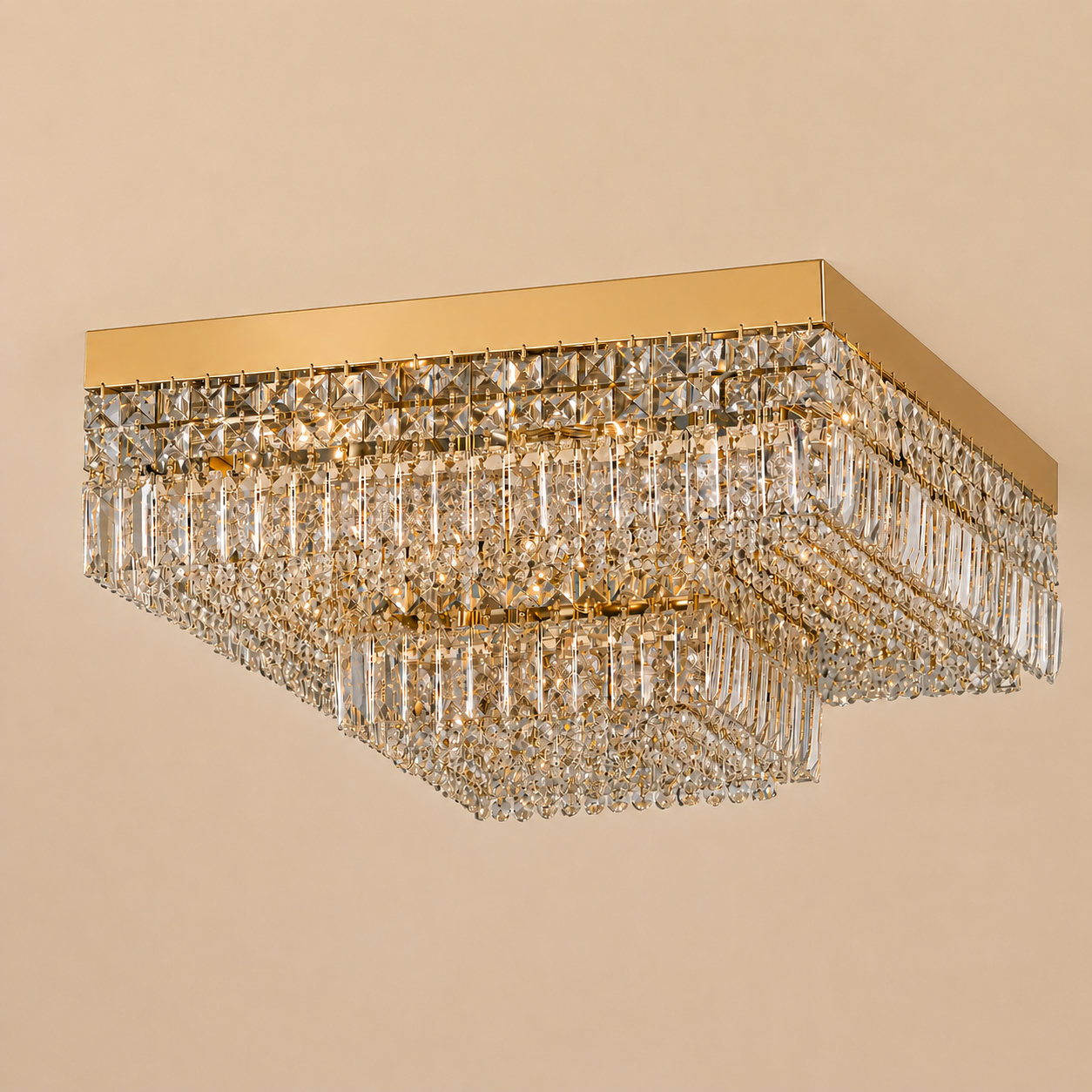 Square Shower 9-Light Asfour Crystal Flush Chandelier for Living Room