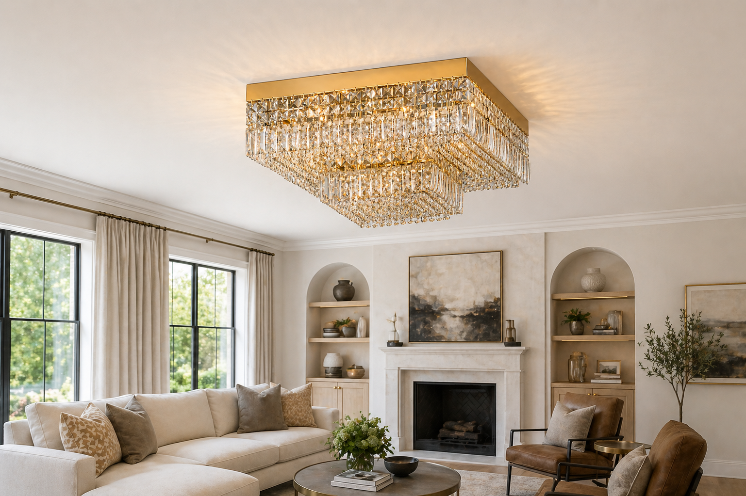 Square Shower 9-Light Asfour Crystal Flush Chandelier for Living Room