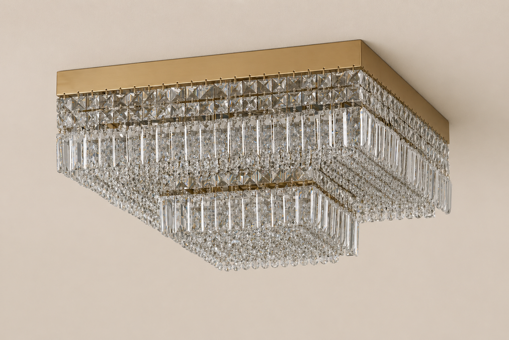 Square Shower 9-Light Asfour Crystal Flush Chandelier for Living Room
