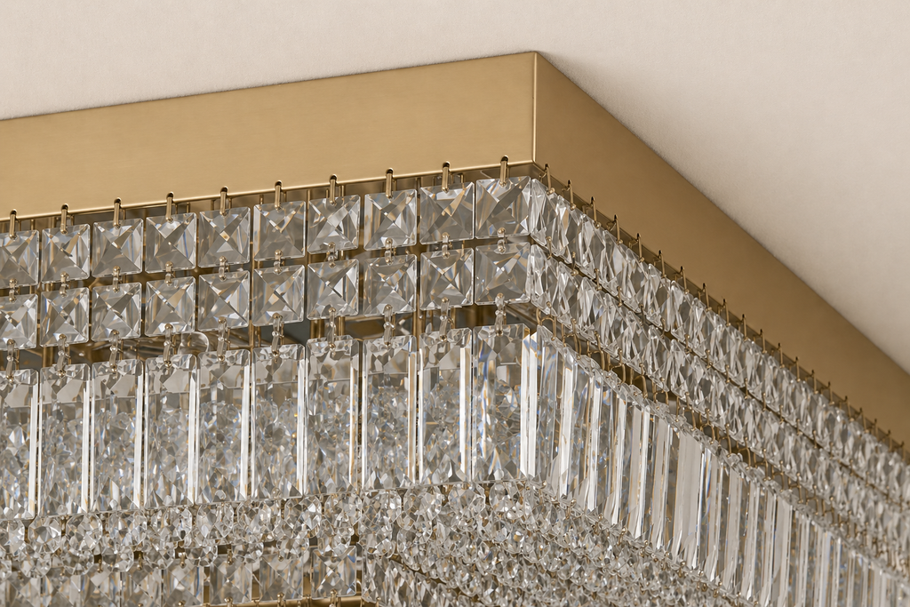 Square Shower 9-Light Asfour Crystal Flush Chandelier for Living Room