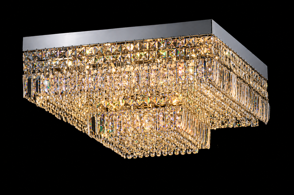 Square Shower 9-Light Asfour Crystal Flush Chandelier for Living Room