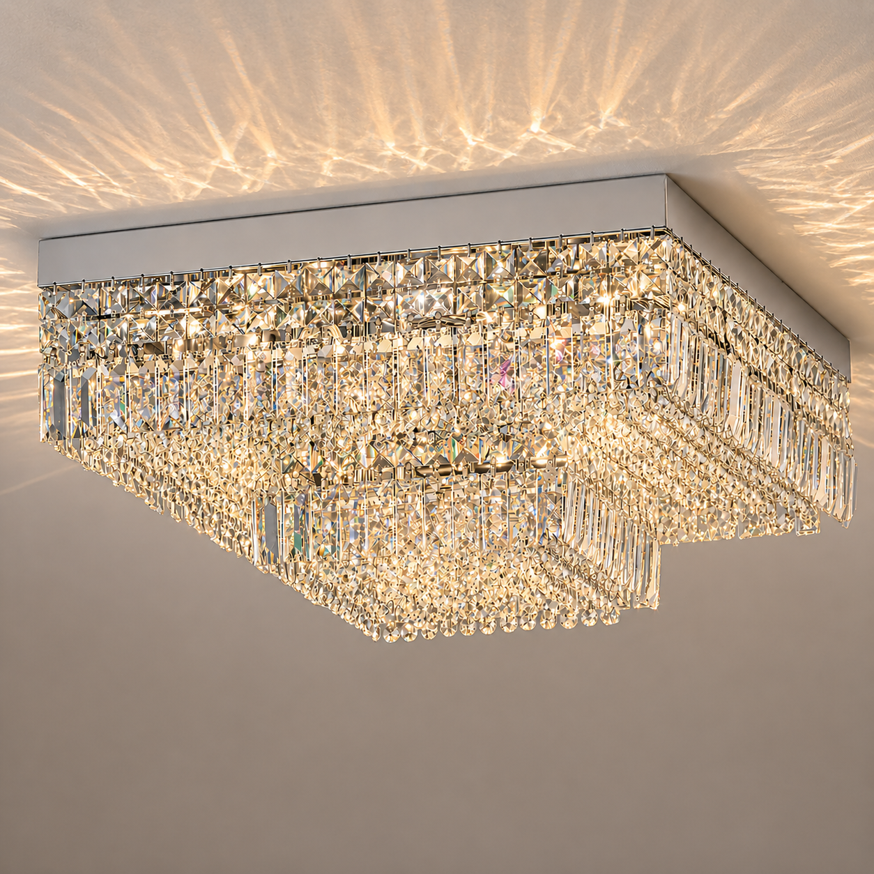 Square Shower 9-Light Asfour Crystal Flush Chandelier for Living Room