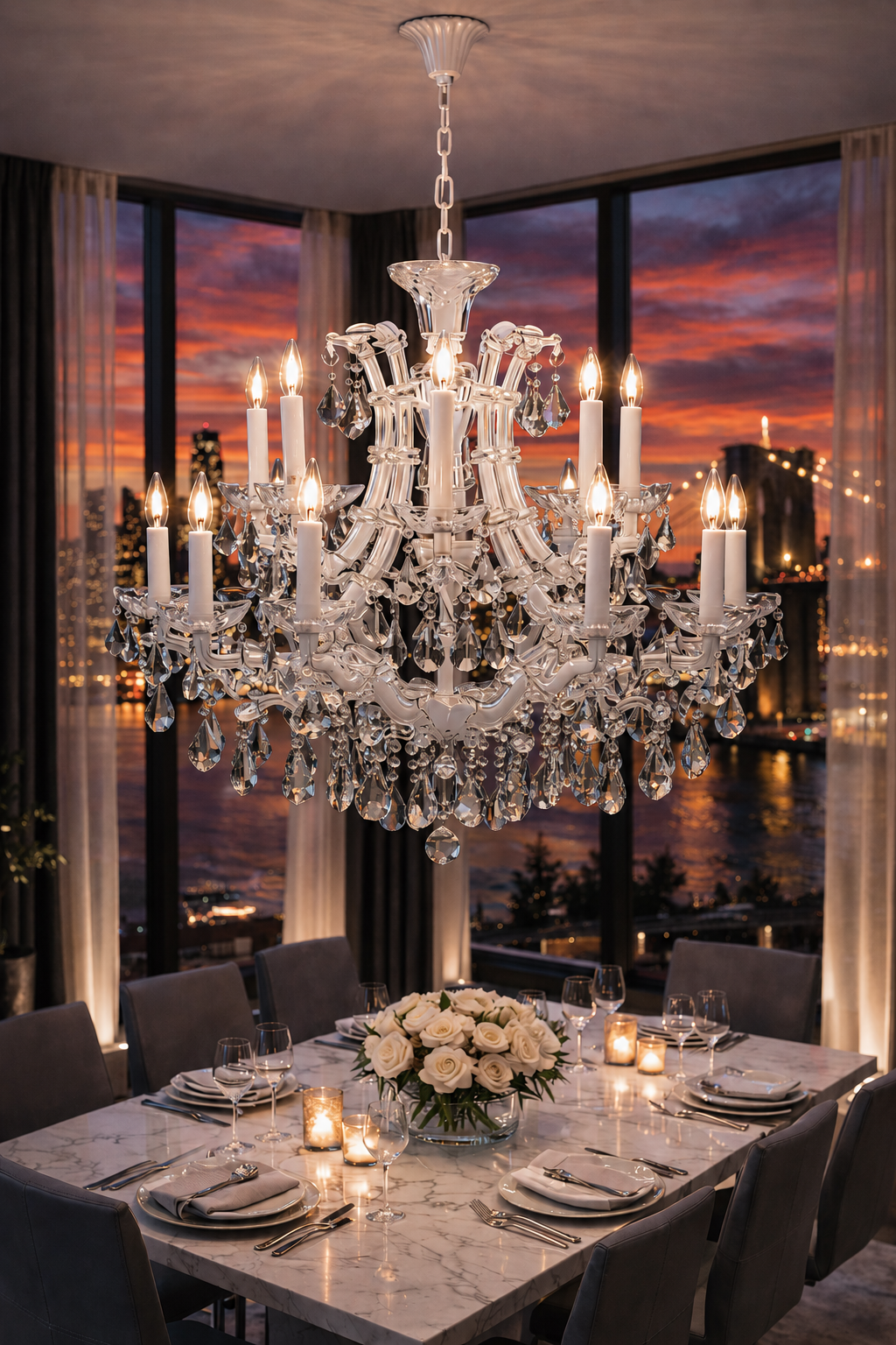 Maria Theresa 16-Light Arctic White with Satin Silver Asfour Crystal Chandelier for Dining Room