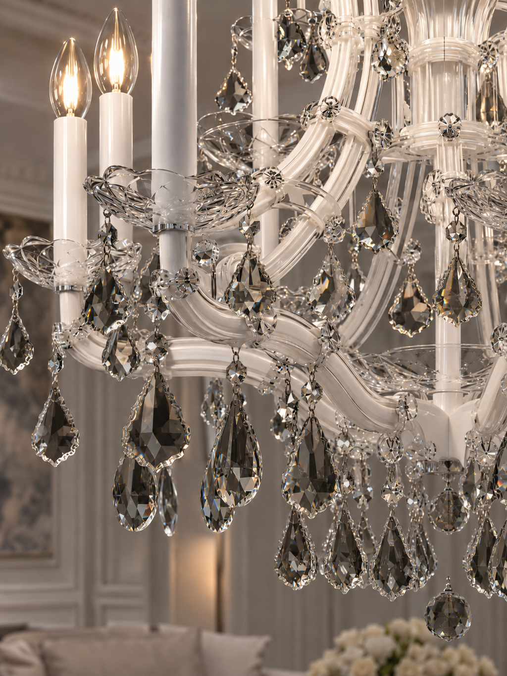 Maria Theresa 16-Light Arctic White with Satin Silver Asfour Crystal Chandelier for Dining Room