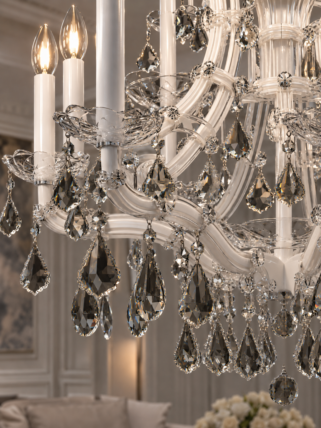 Maria Theresa 16-Light Arctic White with Satin Silver Asfour Crystal Chandelier for Dining Room