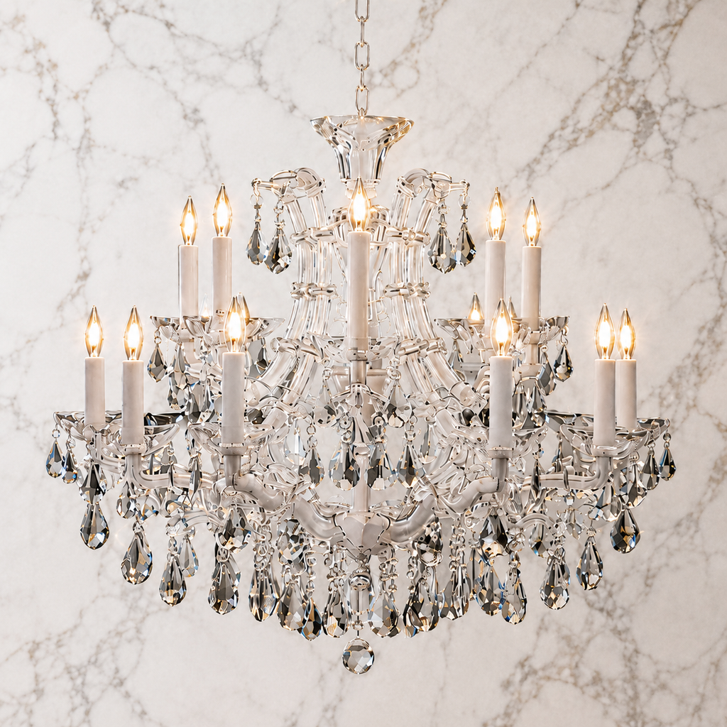Maria Theresa 16-Light Arctic White with Satin Silver Asfour Crystal Chandelier for Dining Room