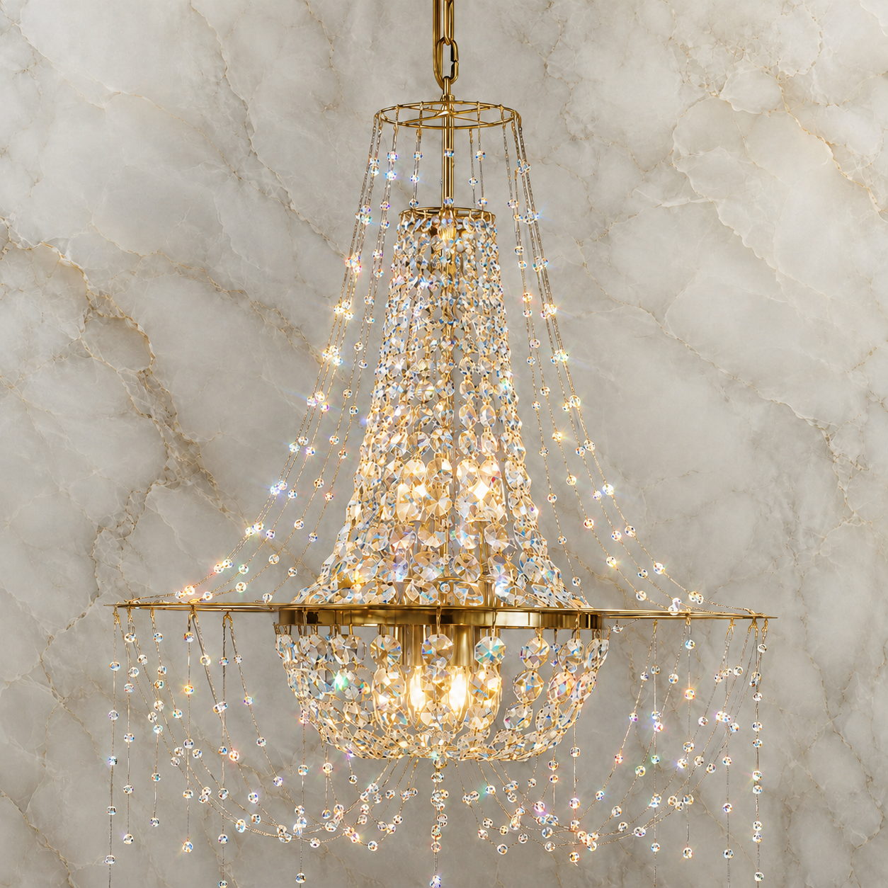 Modern Basket 8-Light Warm Brass Asfour Crystal Chandelier for Dining Room