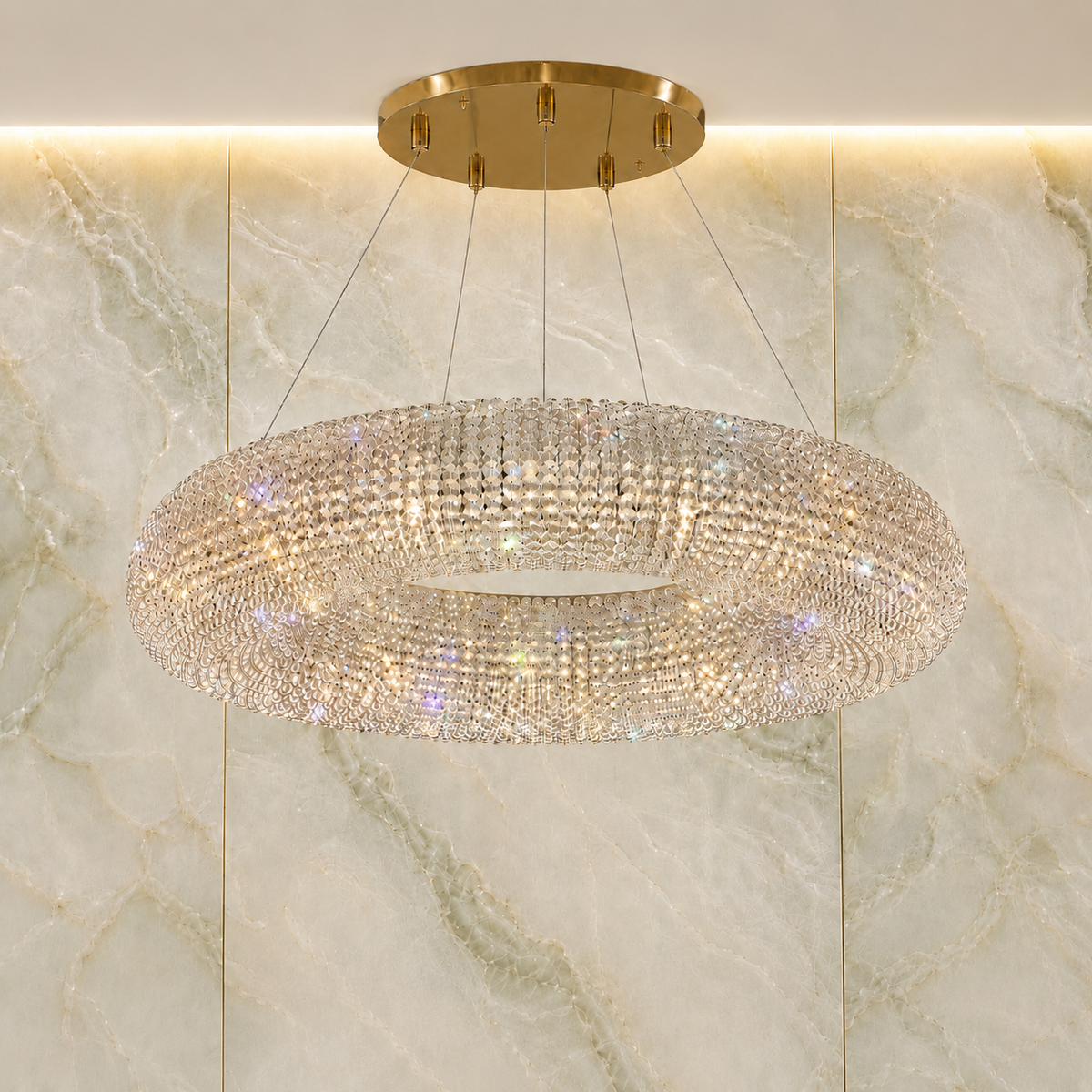 Halo Asfour Crystal Bead Chandelier in warm brass from the Glitz custom collection