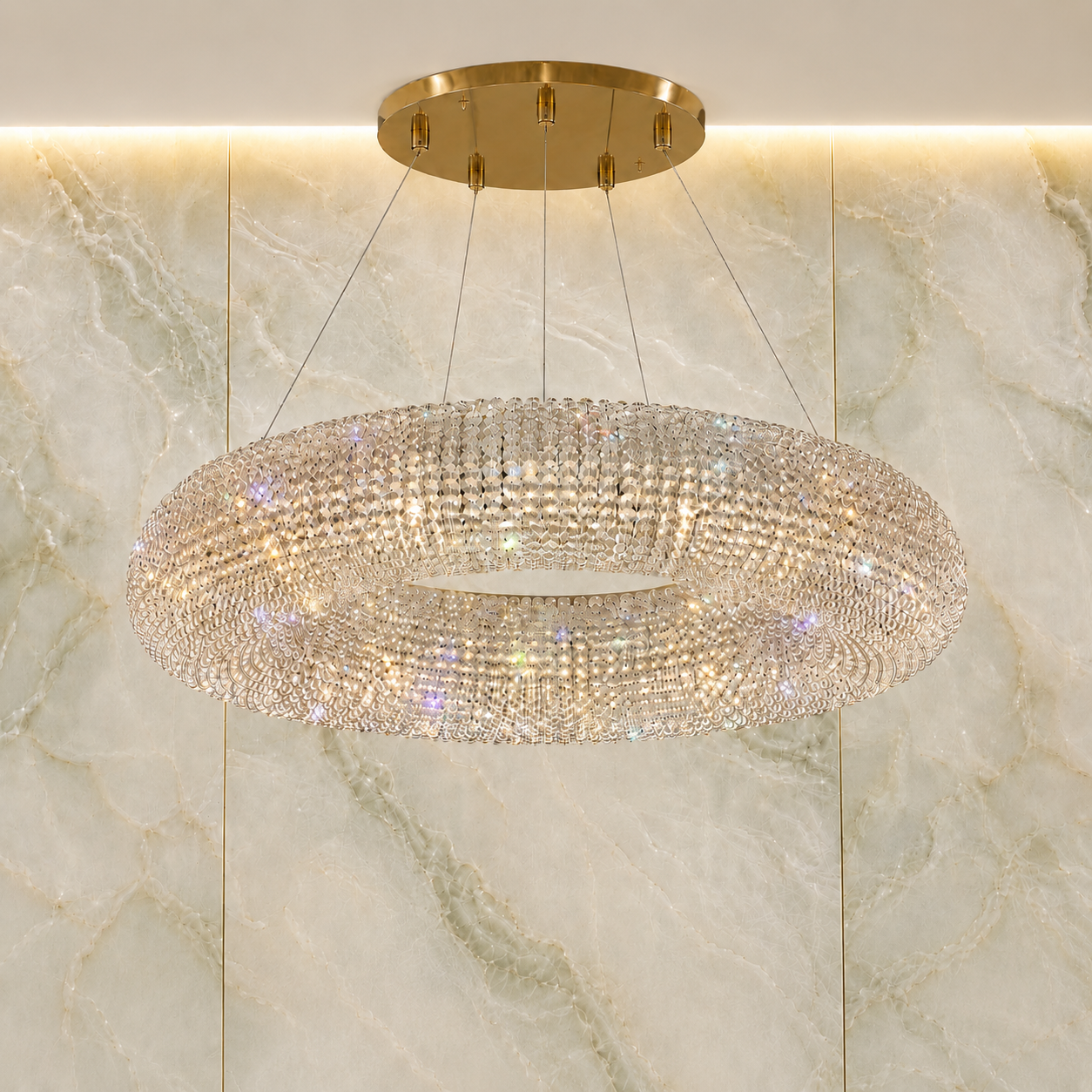 Inner Tube 8-Light Warm Brass Asfour Crystal Bead Chandelier for Dining Room