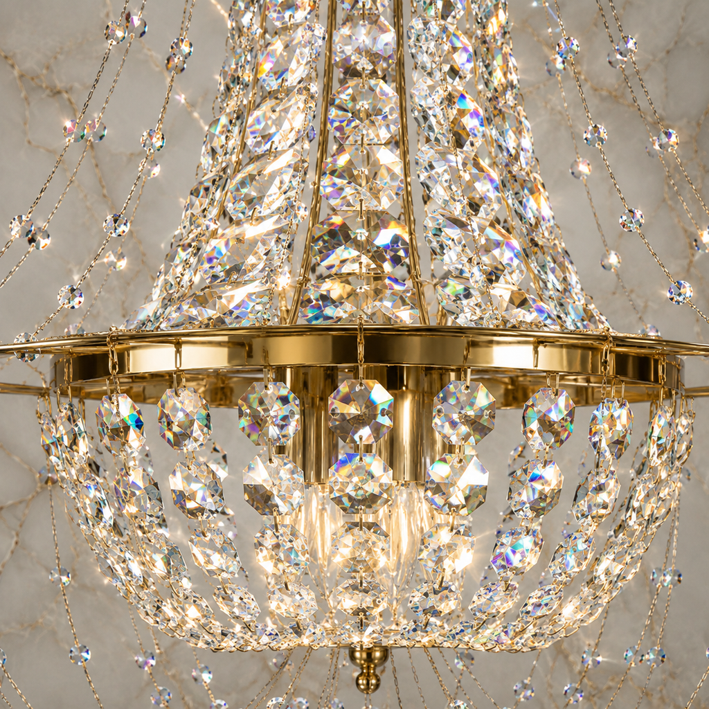 Modern Basket 8-Light Warm Brass Asfour Crystal Chandelier for Dining Room