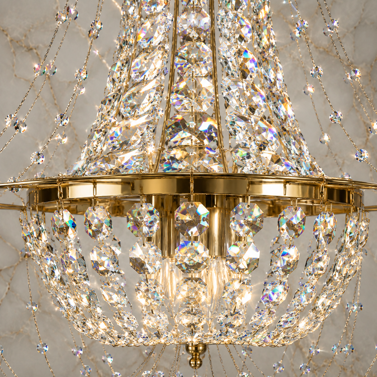 Modern Basket 8-Light Warm Brass Asfour Crystal Chandelier for Dining Room