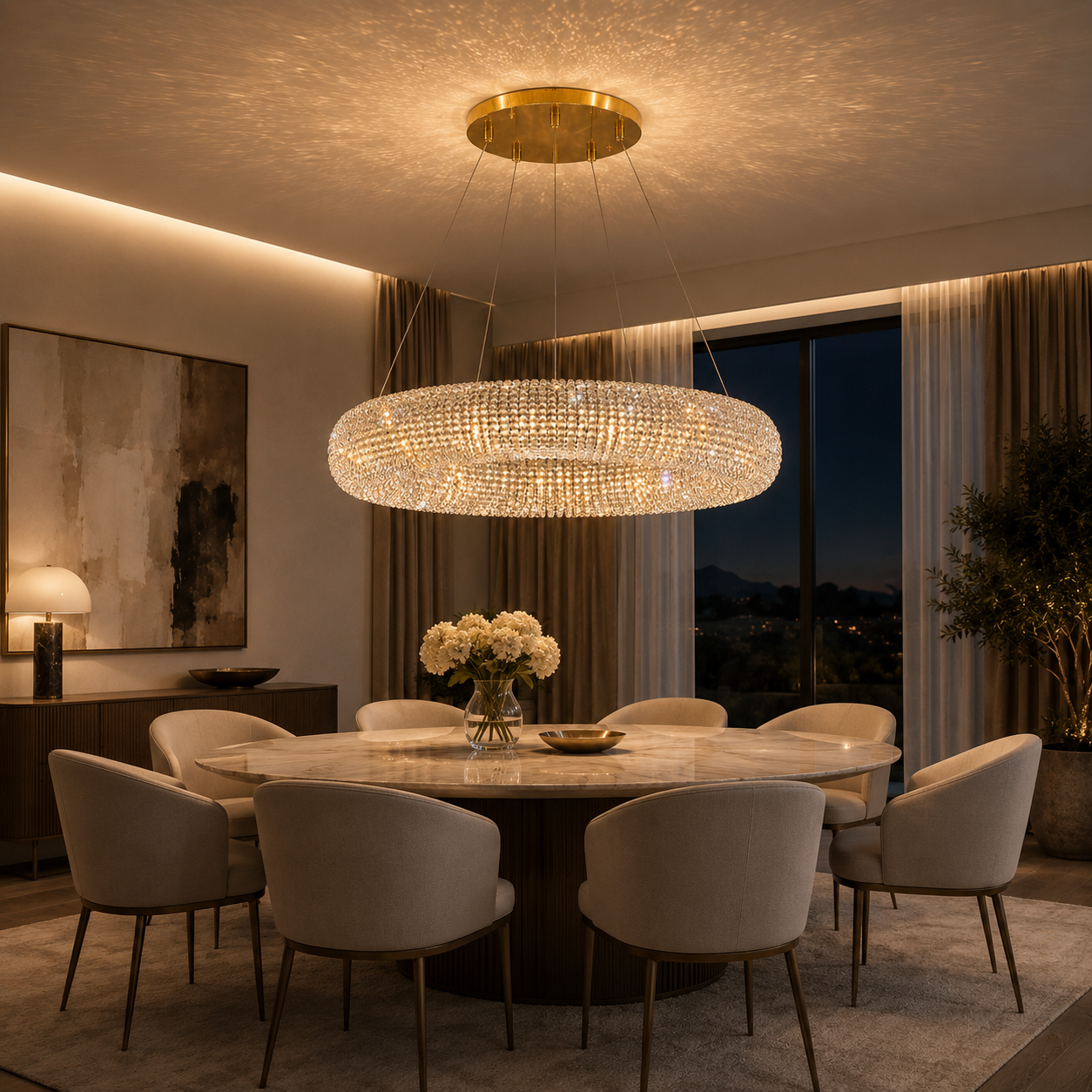 Inner Tube 8-Light Warm Brass Asfour Crystal Bead Chandelier for Dining Room