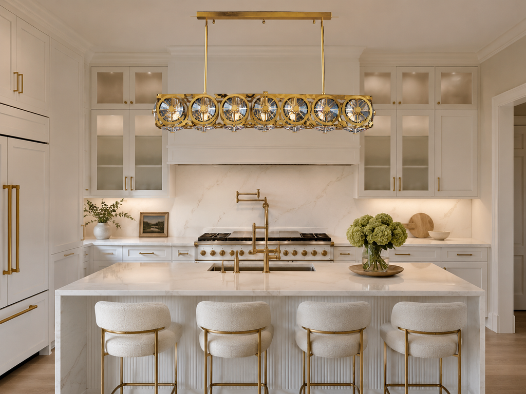 Locomotive 7-Light Warm Brass Asfour Crystal Linear Chandelier for Dining Room