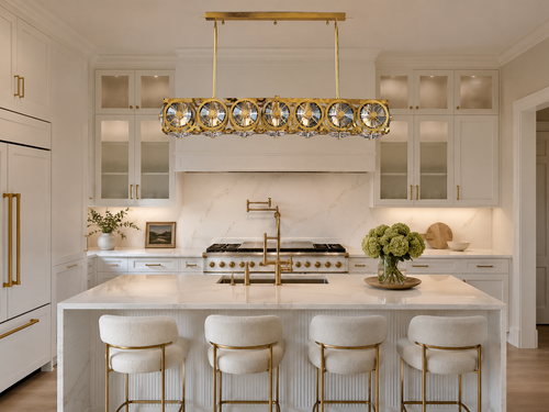 Locomotive 7-Light Warm Brass Asfour Crystal Linear Chandelier for Dining Room