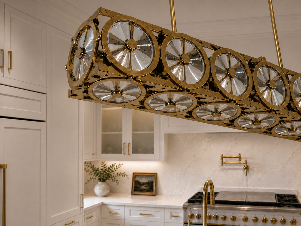 Locomotive 7-Light Warm Brass Asfour Crystal Linear Chandelier for Dining Room