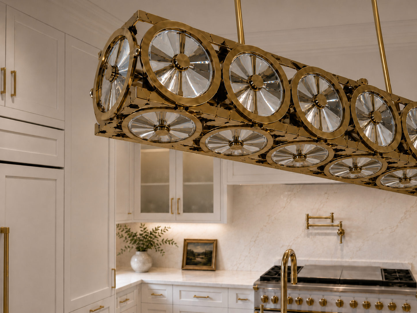 Locomotive 7-Light Warm Brass Asfour Crystal Linear Chandelier for Dining Room