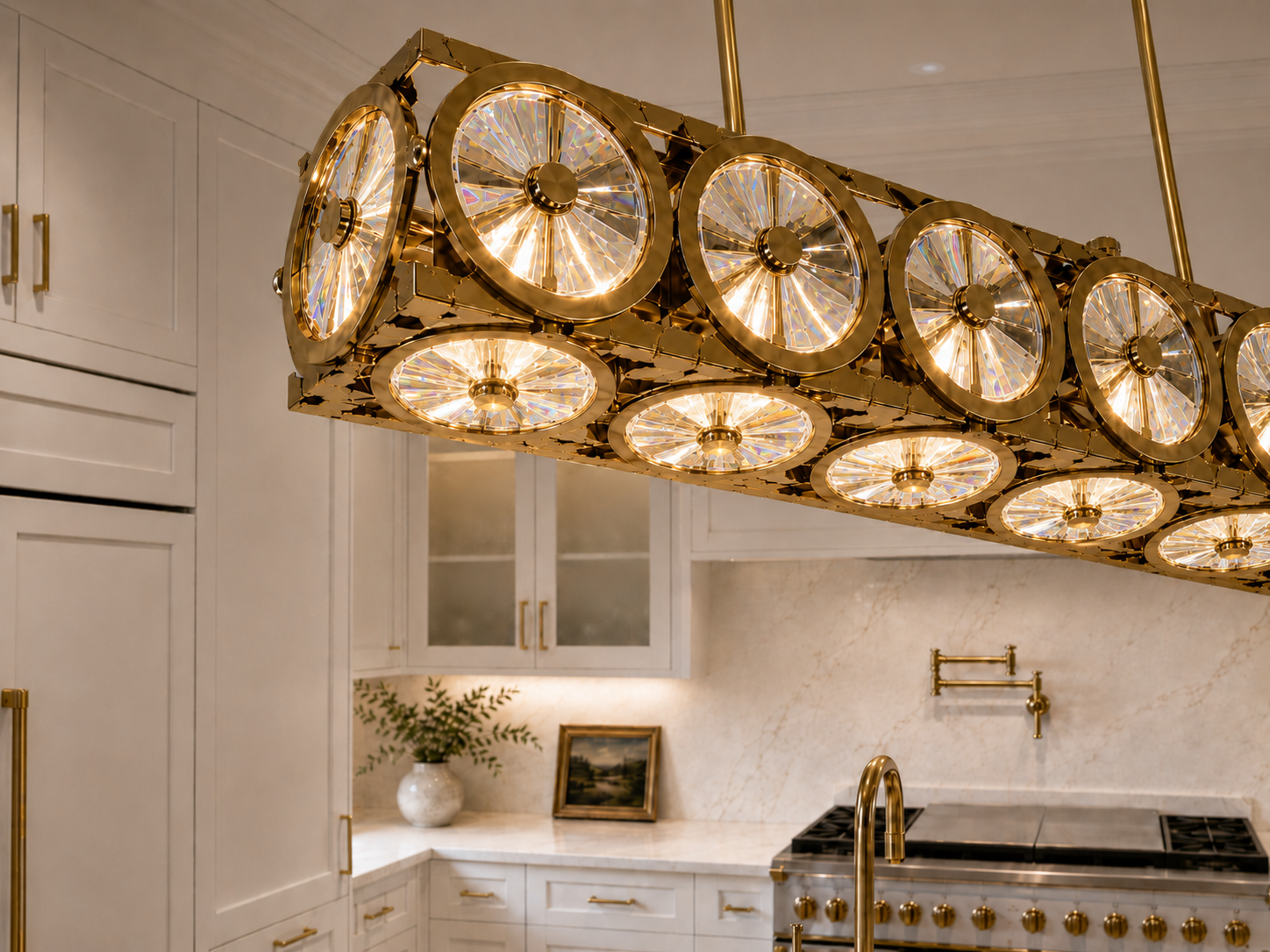 Locomotive 7-Light Warm Brass Asfour Crystal Linear Chandelier for Dining Room