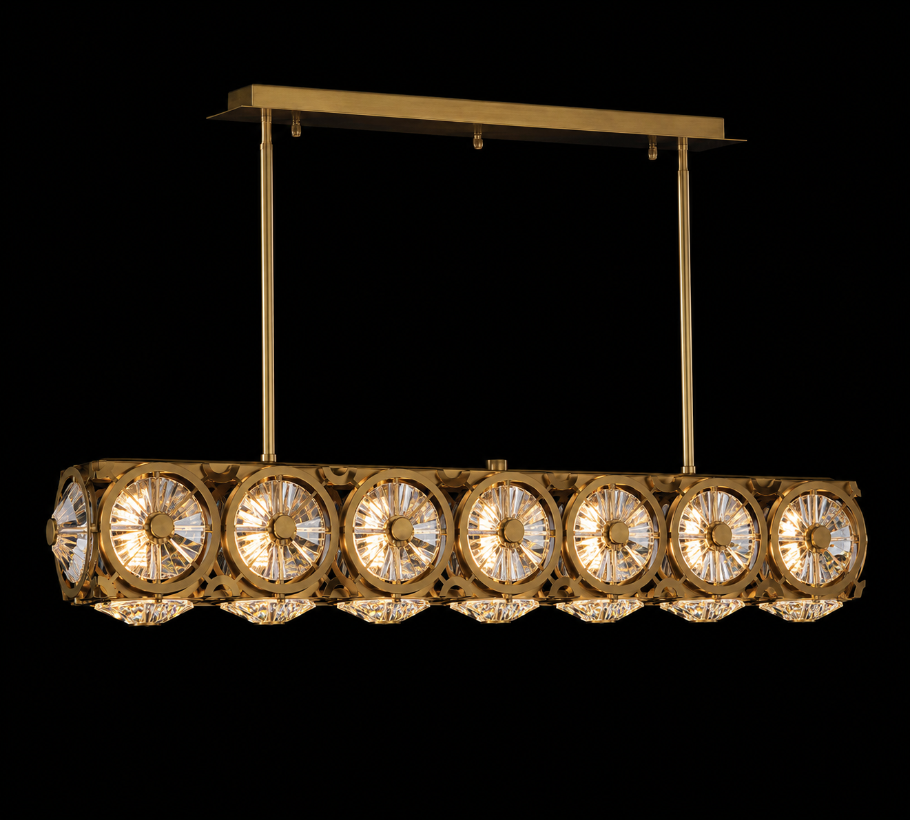 Locomotive 7-Light Warm Brass Asfour Crystal Linear Chandelier for Dining Room