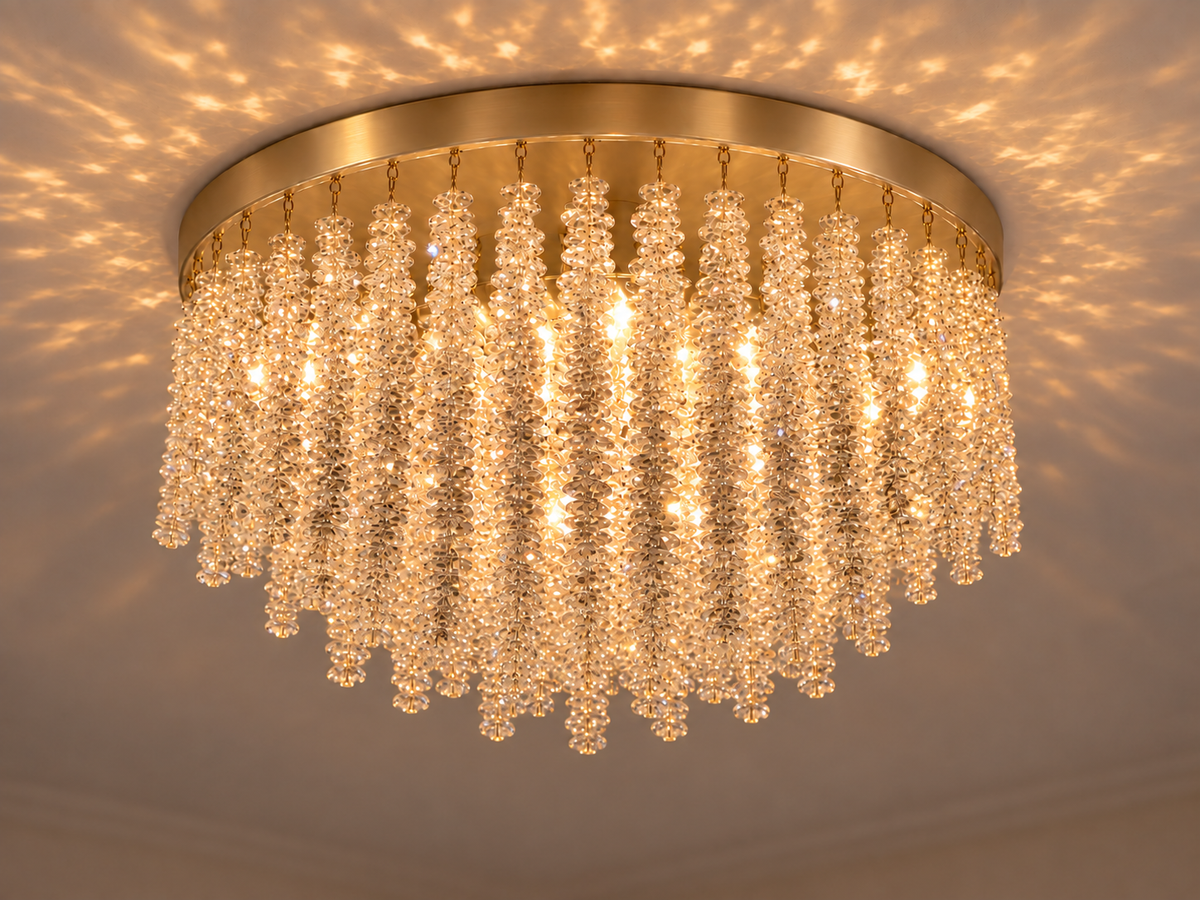 Snowfall Asfour Crystal Flush Mount Chandelier – 11-Light Warm Brass Low Ceiling Light