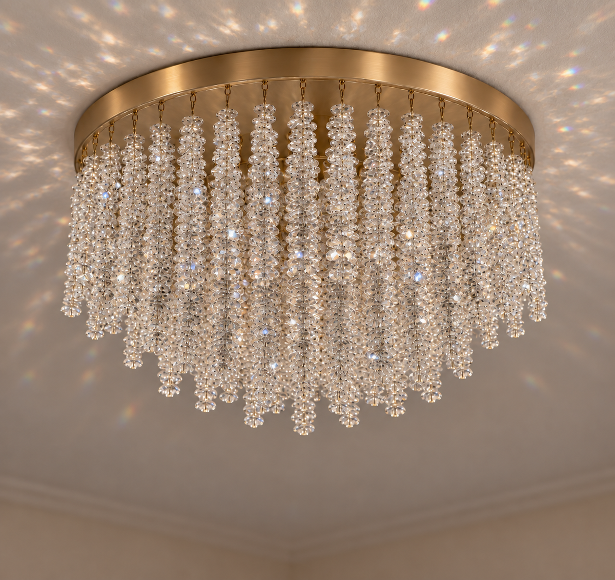 Snowfall Asfour Crystal Flush Mount Chandelier – 11-Light Warm Brass Low Ceiling Light