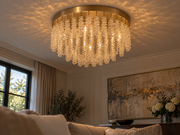 Snowfall Asfour Crystal Flush Mount Chandelier – 11-Light Warm Brass Low Ceiling Light