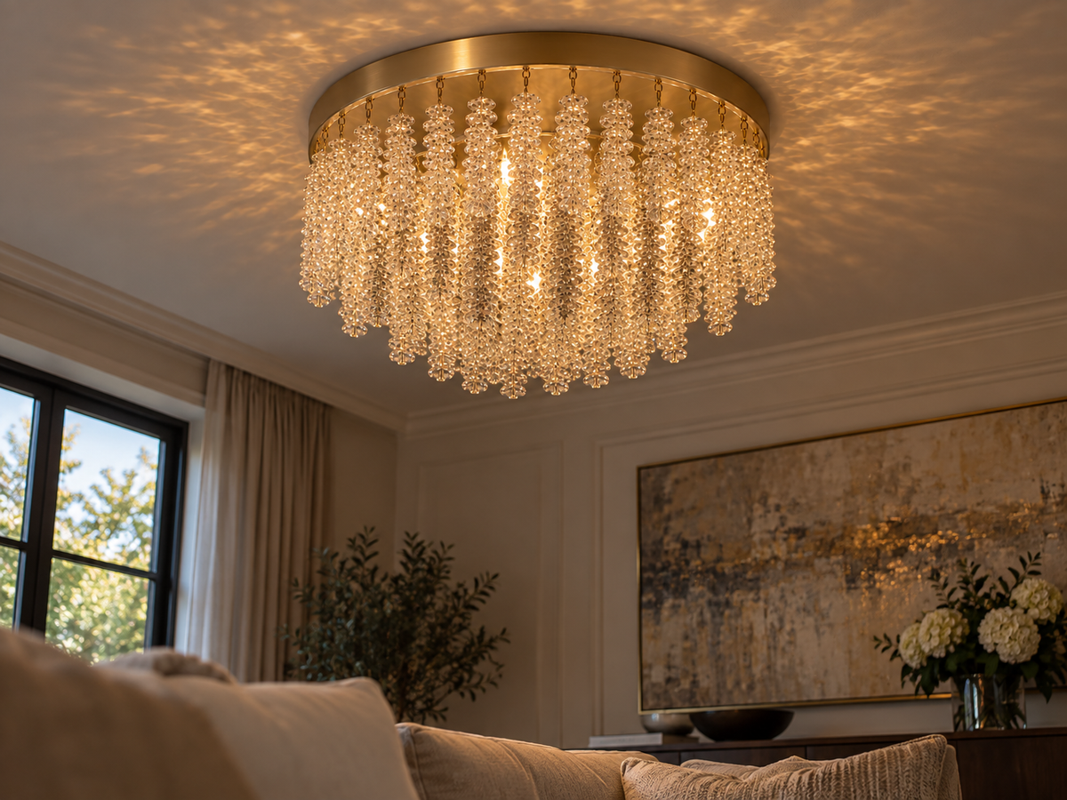 Snowfall Asfour Crystal Flush Mount Chandelier – 11-Light Warm Brass Low Ceiling Light