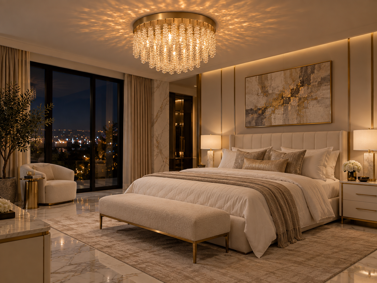 Snowfall Asfour Crystal Flush Mount Chandelier – 11-Light Warm Brass Low Ceiling Light
