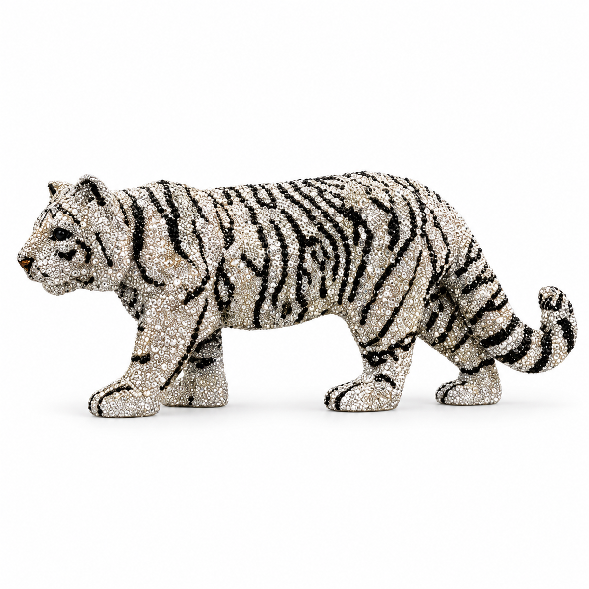 Complete Asfour crystal White Tiger sculpture with clear and black crystal stripes on a white background.