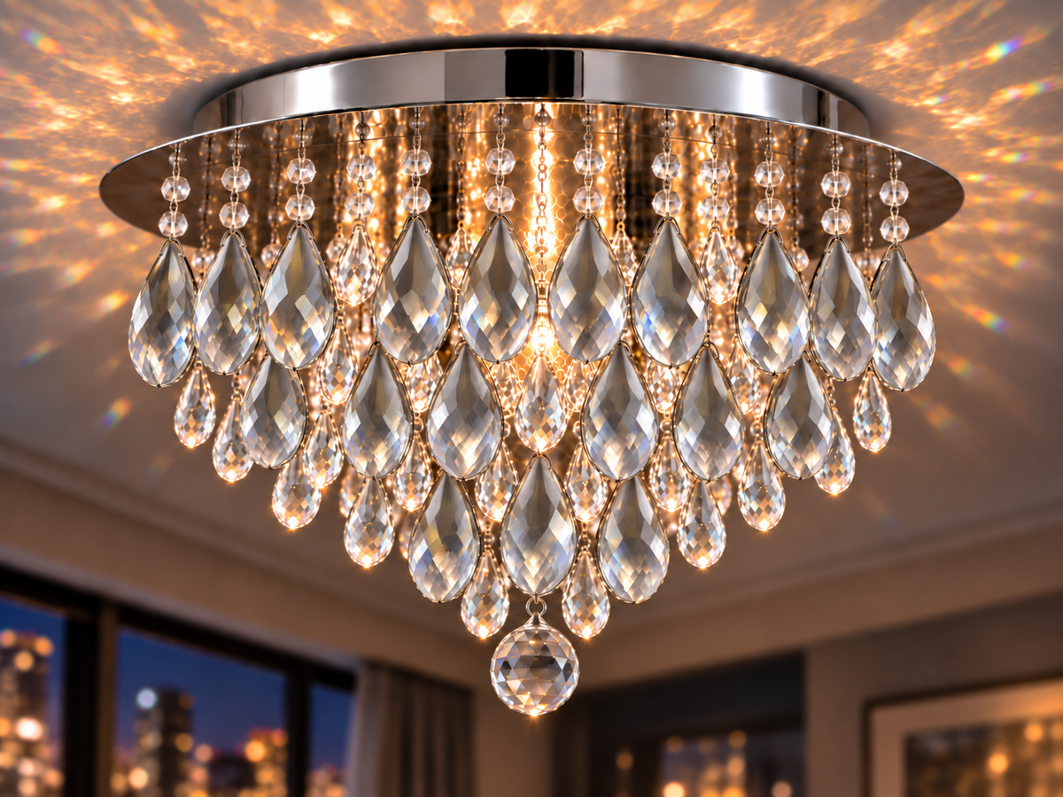 Regenschauer Asfour crystal flush mount chandelier in polished chrome illuminated in a contemporary interior
