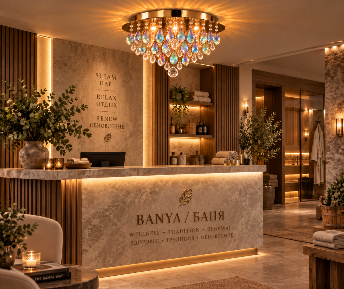 Regenschauer warm brass crystal flush mount chandelier over a luxury banya reception counter