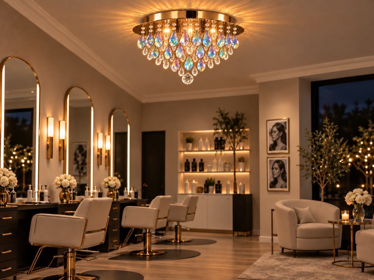 Regenschauer warm brass crystal flush mount chandelier installed in an upscale salon